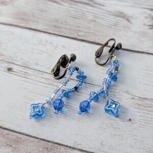 Vintage Clip On Earrings Beaded Blue Dangle